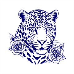 Bold leopard portrait crowned with elegant roses, striking graphic for modern fashion and design projects