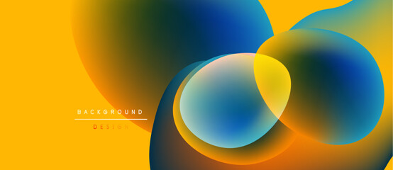 Abstract colorful shapes overlap, creating dynamic visual effect. Yellow, blue, orange hues dominate composition. Modern design element.