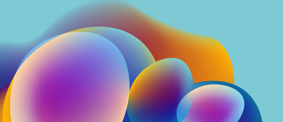 Abstract colorful shapes overlap, creating fluid gradients. Blue, purple, orange hues dominate composition. Modern design.