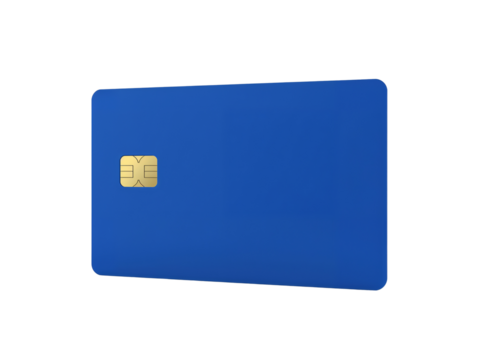 Isometric blue credit card with golden chip on a simple layout transparent isolated
