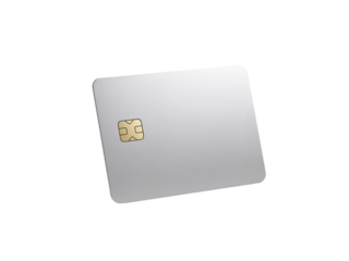 Sleek silver credit card with golden chip on transparent backdrop for cashless future