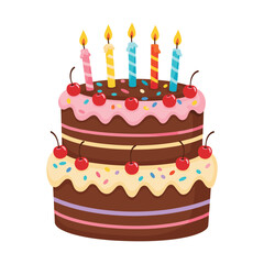 Colorful two-tiered birthday cake with candles and cherries &ndash; stock vector flat illustration