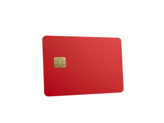 Vibrant red debit card showcases secure chip against isolated transparent area symbolizing finance