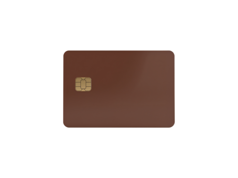 Modern chocolate brown credit card illustration with electronic chip on transparent display