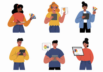 Modern flat illustrations of diverse individuals using tablets for digital design, creative tasks, and data analysis