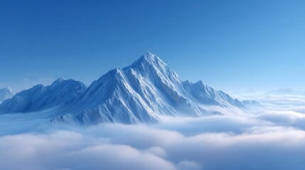 Obraz premium Majestic Mountain Peak above the clouds: Witness the awe-inspiring majesty of a towering mountain peak, piercing through a sea of fluffy clouds, under a clear, vibrant blue sky.
