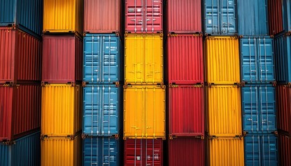 Fototapeta premium Stacked colorful shipping containers create a vibrant, geometric pattern. Use to illustrate global trade, logistics, or industry themes.