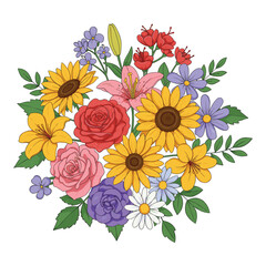 Colorful floral bouquet with sunflowers, roses, lilies, and daisies – stock vector flat illustration