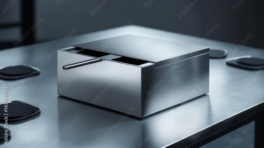Poster minimalist silver box with lid and handle on reflective surface