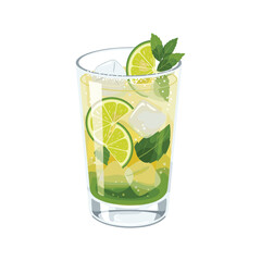 Refreshing lime mojito with ice and mint leaves in a glass – stock vector flat illustration