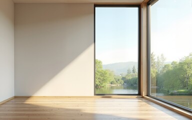 Obraz premium 3d rendering of modern empty room with wooden floor and large window on nature background. High quality