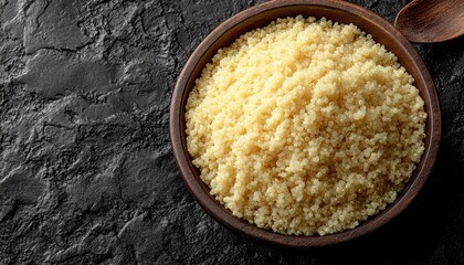 Wooden bowl full of cooked quinoa on a dark textured stone background. Great for healthy eating, diet concepts and recipe illustrations.