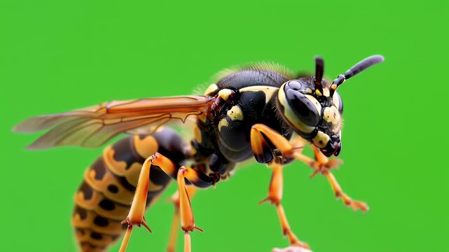 Detailed Macro Shot of a Yellow and Black Wasp Against a Vibrant Green Background, Capturing Insect Anatomy and Nature's Intricacy