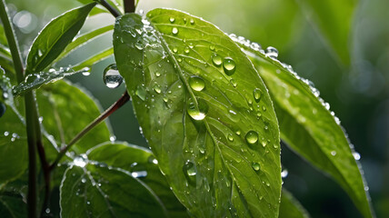 Detailed shot of fresh leaves with sparkling morning dew and warm light