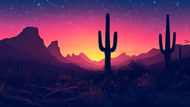 Desert Sunset with Starry Night, and Cactus.
