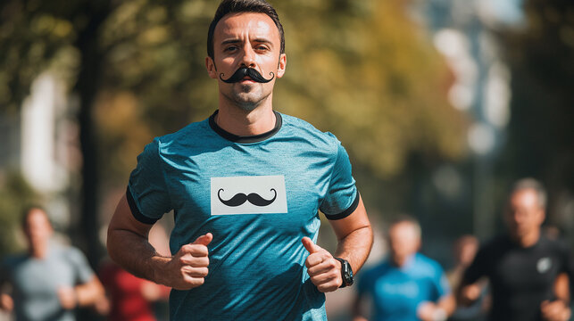 A man in a Movember shirt with a mustache logo, running in a charity marathon to raise awareness for men’s health