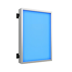 Illuminated promotional lightbox with vibrant blue screen and sleek metallic frame, for