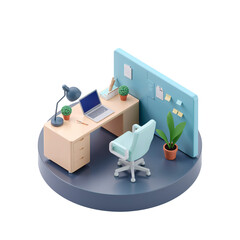 Minimalist isometric workspace displaying a desk, laptop, chair, and organization board