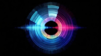 Rhythmic Circle of Sound: An abstract image showcases an intricate circular pattern composed of vibrant, pulsating sound waves, suggesting the visualization of audio frequencies. - Powered by Adobe