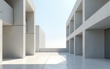 Obraz premium 3d render of abstract modern concrete architecture with empty cement floor, minimal exterior, car presentation background. High quality