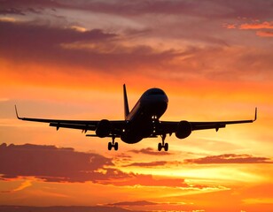 Silhouette of a passenger jet descending through a vibrant sunset sky