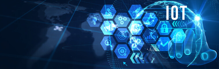 Fototapeta premium Internet of things - IOT concept. Businessman offer IOT products and solutions. The future of technology. Virtual screen of the future with the inscription: IOT. 3d illustration