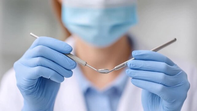 Dental precision and expertise: A dental professional meticulously handles essential tools within a modern dental office, embodying precision and proficiency in the field of oral healthcare.