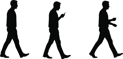 Silhouette of man walking, holding smartphone, digital communication, side view male figure, modern lifestyle, black and white vector