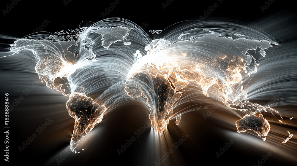 Poster a digital illustration showcasing interconnected global networks illuminating the world with vibrant