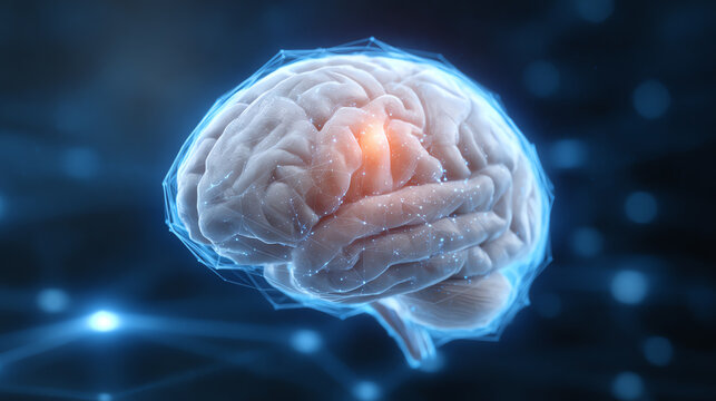 A digital rendering of a human brain illustrating neural connections and functions, highlighted in a futuristic setting.