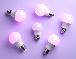 Six illuminated LED light bulbs arranged on a lavender background