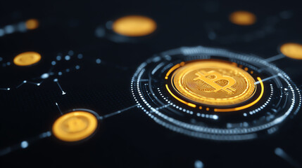 A digital representation of cryptocurrency, showcasing interconnected blockchain nodes with glowing Bitcoin symbols.