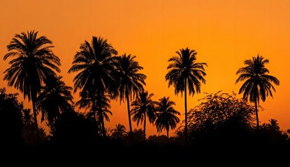 Obraz premium Silhouetted palm trees at sunset, tropical landscape, serene background, travel poster