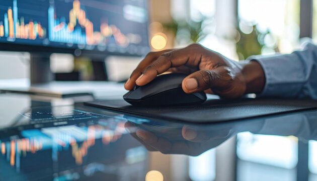 Closeup Of Hand Using Mouse On Computer With Financial Data Display