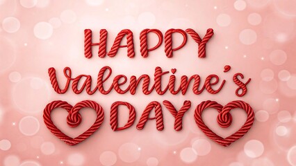 happy valentine's day text with rope hearts on pink background
