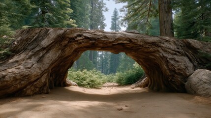 Nature's Archway: A majestic, naturally-formed archway crafted from ancient wood, offering a breathtaking portal into a serene, evergreen forest, inviting exploration.