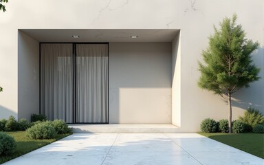3d render of modern exterior entrance terrace with large empty concrete wall, Abstract architecture. High quality