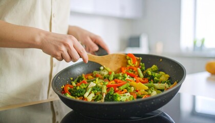 Woman cooking stir-fried vegetables in modern kitchen, colorful ingredients sizzling in pan, healthy lifestyle, fresh meal preparation, home cooking scene
