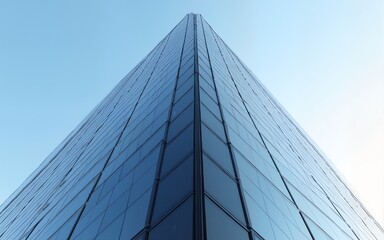 3D stimulate of high rise curve glass building and dark steel window system on blue clear sky background,Business concept of future architecture,lookup to the angle of the corner building.3d rendering