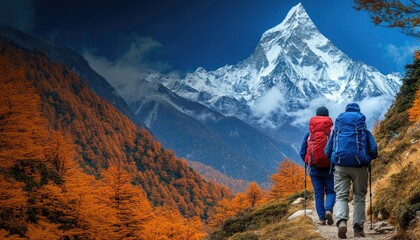 Fototapeta premium Hikers walk a trail towards snowy mountain through vibrant autumn foliage. Depicting adventure, teamwork, and the serene beauty of mountain landscapes.