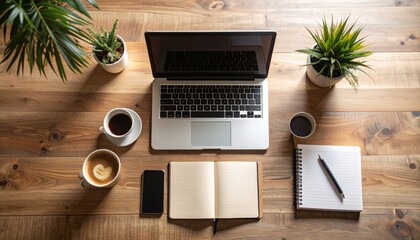 Organized Workspace With Laptop Coffee And Plants On Wooden Desk