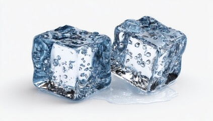 Two ice cubes, slightly overlapping, with water droplets clinging to their surfaces, sit on a white surface with a thin film of water