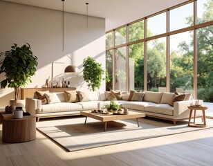 Fototapeta premium A luxurious minimalist living room with floor-to-ceiling windows, sunlight streaming in, modern furniture, and a neutral color palette.