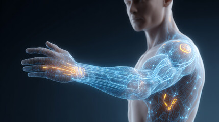 A futuristic representation of a robotic arm integrated with glowing circuits and digital elements, showcasing advanced technology.