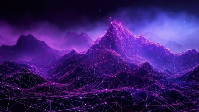 Luminous Purple Wireframe Mountains in a Digital Cyberspace - Powered by Adobe