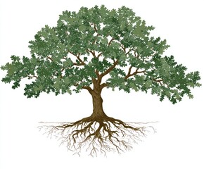 Illustration of a large oak tree with extensive roots.  Full, lush green foliage.  Brown, spread-out roots