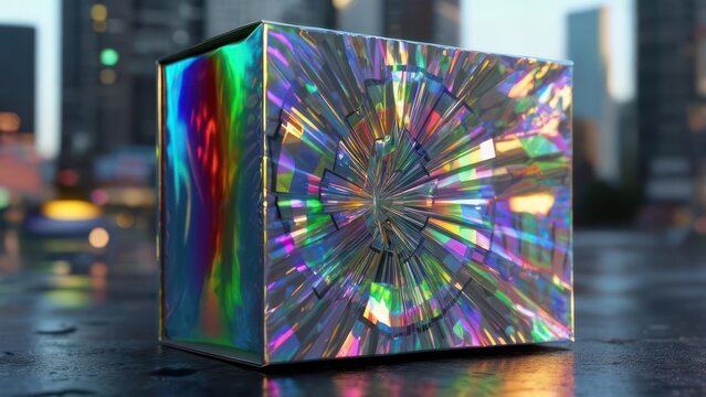 Luminous Holographic Cube with Prismatic Starburst on a Wet Urban Surface