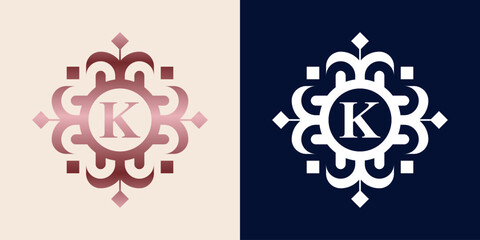 Letter K logo with luxury ornament logo in pink gradient color, for boutique, beauty, shop, jewelry industry, and beauty