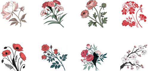 Bundle of 8 Colorful Botanical Flower Illustrations – Vintage Floral Clipart Set for Print, Design, and Digital Art Projects