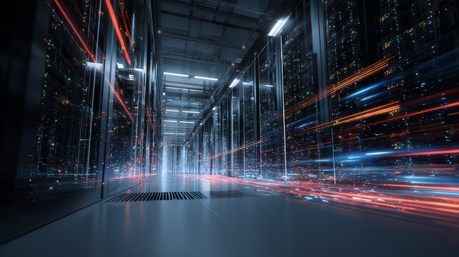A high-tech server room showcasing advanced data storage systems and vibrant light trails representing data flow.